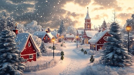 Fototapeta premium Vintage Christmas Village Covered in Snow, Winter Holiday Scene with Cozy Homes and Festive Lights - Perfect for Holiday Cards and Seasonal Illustrations
