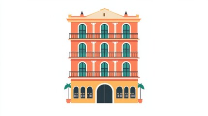 Naklejka premium Inka style simple, flat icon vary colors Hotel Acquisition Assistance: An icon of a classic hotel facade, giving a sense of the historical hotels in Iquitos, with a white background flat minimalistic,
