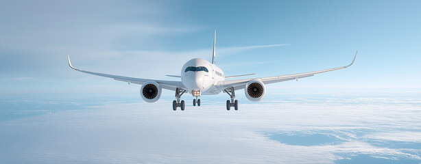 Wide angle shot of a passenger plane flying above the clouds and a clear sky, shot in high resolution ,soft style.