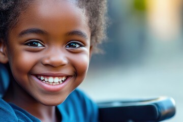 Radiant Child's Smile: A close-up portrait captures the infectious joy and radiant smile of a young Black girl, exuding pure happiness and childlike wonder.