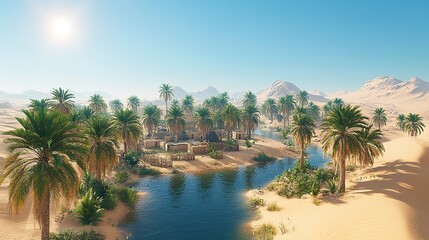 Obraz premium An oasis with palm trees and mud houses in the desert on a hot summer day