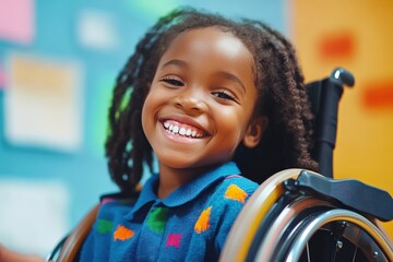 Radiant Child in Wheelchair: A joyful portrait of a young girl with dreadlocks, radiating happiness and confidence while sitting in her wheelchair.