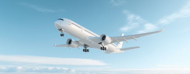 Wide angle shot of a passenger plane flying above the clouds and a clear sky, shot in high resolution ,soft style.