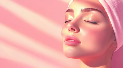 Fototapeta premium Girl with smooth, glowing skin during a facial treatment, symbolizing relaxation and beauty care. Perfect for spa and cosmetology ads.