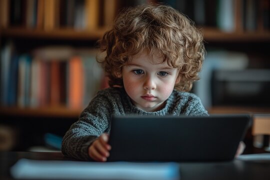 Naklejki Toddler using laptop computer at home for education or entertainment