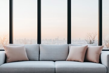 Fototapeta premium A modern living room featuring a cozy grey sofa with decorative pillows, large windows showcasing a beautiful city skyline at sunset.