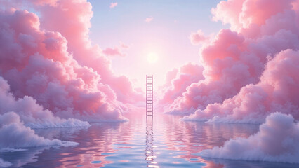Fototapeta premium Pink clouds with a ladder in the middle in the water.