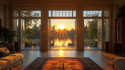 Fototapeta premium Golden Sunset View from Large Windows in Luxurious Living Room