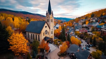 Naklejka premium A church in the middle of a small town surrounded by trees