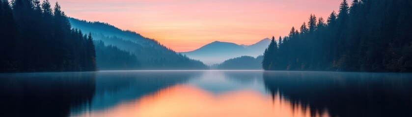 Fototapeta premium Tranquil landscape featuring serene mountains reflected in a calm lake during a colorful sunrise, perfect for nature enthusiasts and peaceful retreats.