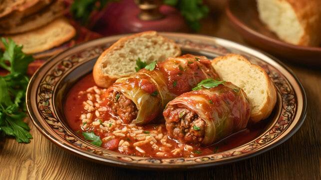Sarma rolled in sour cabbage leaves, served on a plate with sarma soup containing rice. Sarma is a dish commonly served in traditional restaurants alongside white bread.