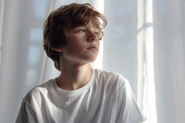 A young boy wearing a white tshirt