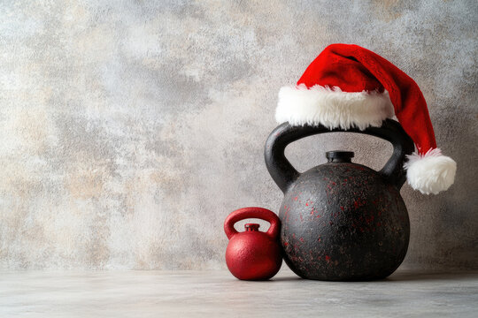 Kettlebell Christmas Cheer, a large black kettlebell adorned with a festive red Santa hat beside a smaller red kettlebell on a light grey backdrop