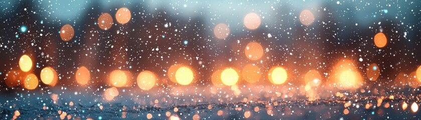 Enchanting winter scene with falling snowflakes and glowing bokeh lights, creating a serene and magical atmosphere perfect for festive themes.