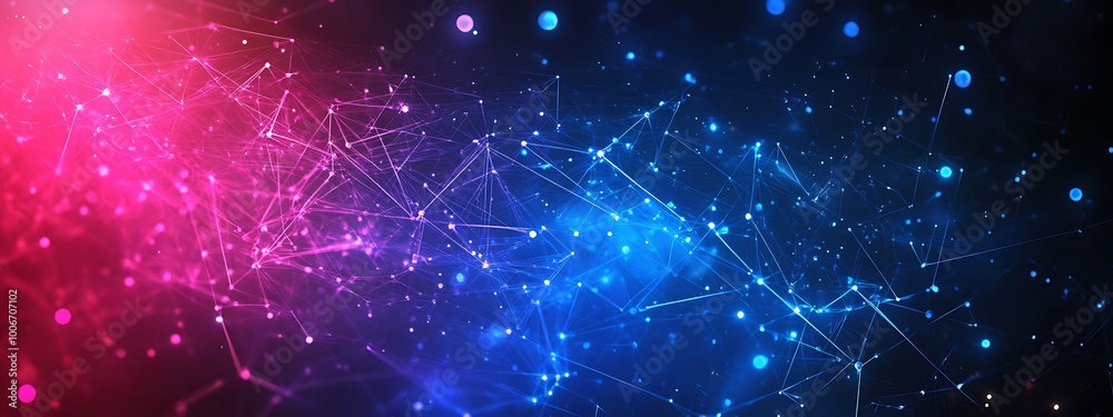 Poster abstract background with glowing lines and dots in pink and blue on black background.