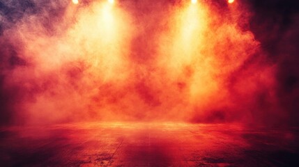 A dramatic scene with vibrant orange and yellow lights illuminating a smoky stage, creating an atmosphere of excitement and anticipation.