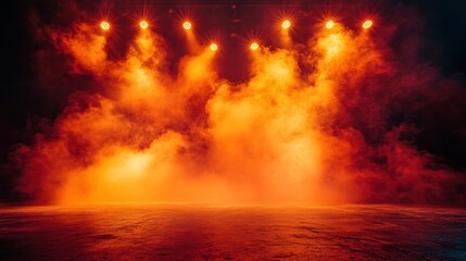 Fototapeta premium Vibrant stage with dramatic lighting and colorful smoke, perfect for concerts, performances, or artistic displays, creating an energetic atmosphere.