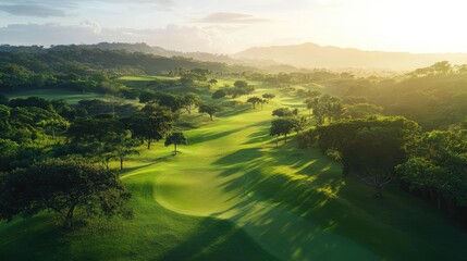 Lush golf course viewed from above, featuring rolling hills, manicured greens, and a vibrant tree line.