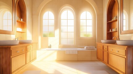 Luxurious bathroom with wooden cabinets, two sinks, and arched mirrors. Bright, minimalist interior design in a modern hotel.