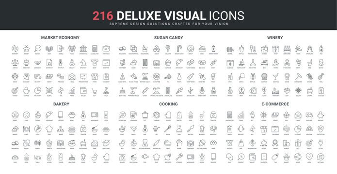 Market economy strategy and trend monitor, e commerce ads and support, bakery line icon set. Food ingredients and kitchen equipment for cooking, winery thin black outline symbols vector illustration