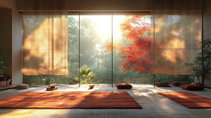 Fototapeta premium Peaceful yoga studio with large window overlooking lush garden and morning sunlight