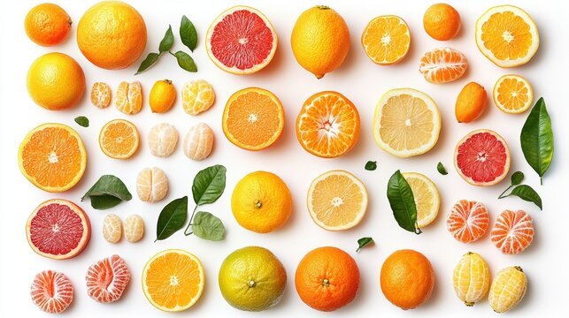 Variada disposici&oacute;n de c&iacute;tricos frescos como naranjas, limones, limas y pomelos, dispuestos sim&eacute;tricamente. La presentaci&oacute;n resalta la frescura y el vibrante colorido de las frutas.