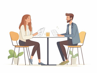 Flat Vector Illustration of Businesswoman Assisting Colleague with Paperwork at Outdoor Cafe in Professional Setting