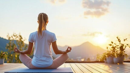 Woman in a yoga pose on a wooden deck, with a sunset behind her, combining mindfulness and spa therapy, outdoor mindfulness, spa healing