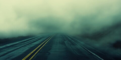 Empty road disappearing into thick fog.