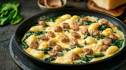 A skillet filled with gnocchi, sausage, spinach, and a creamy sauce, served with grated Parmesan cheese on top