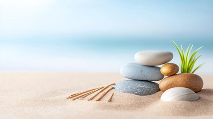 Zen garden with raked sand and smooth stones, promoting mindfulness and peace, Japanese spa...