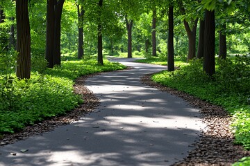Fototapeta premium 3D digital model of a forest trail, with detailed trees, leaves, and sunlight filtering through, bringing natureâ€™s scenic beauty to life.