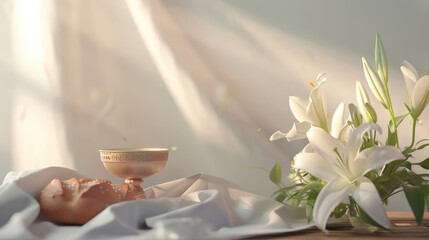 Maundy Thursday setting with bread and white lilies