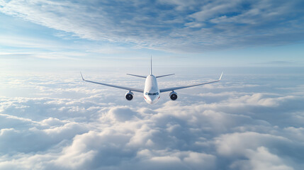 Wide angle shot of a passenger plane flying above the clouds and a clear sky, shot in high resolution ,soft style.