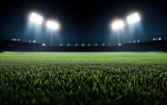 A vivid view of a sports field under bright stadium lights, showcasing lush green grass and an atmospheric night setting for athletic events.