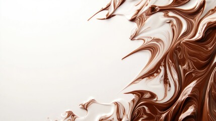 Fototapeta premium Rich chocolate over creamy swirls, placed on a clean white background, offering space for text or design.