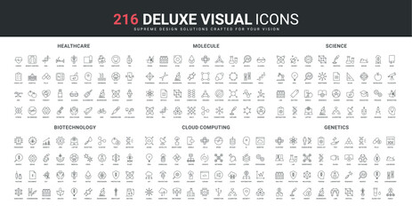 Biotechnology and genetics, chemistry research and structure of molecules, healthcare line icon set. Cloud computing support and algorithms, data download thin black outline symbol vector illustration