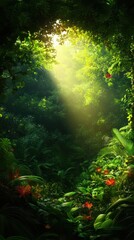Fototapeta premium Lush green forest with sunlight filtering through leaves, creating a serene and vibrant atmosphere.