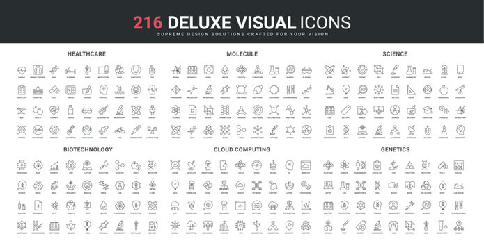 Biotechnology and genetics, chemistry research and structure of molecules, healthcare line icon set. Cloud computing support and algorithms, data download thin black outline symbol vector illustration