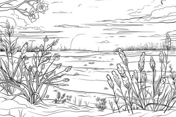 Fototapeta premium Coloring book illustration of a serene winter landscape featuring a snowy field and frozen plants under a sunset sky