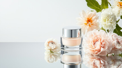 Elegant skincare jar with fresh floral arrangement
