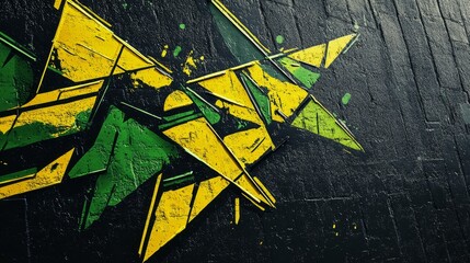 Naklejka premium Uderzający przykład sztuki ulicznej przedstawiający geometryczne kształty w kolorze żółtym i zielonym na czarnej, teksturowanej ścianie, oddający ducha nowoczesności.