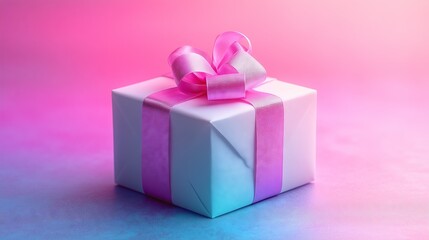 Fototapeta premium White Gift Box with Pink Ribbon on Gradient Background