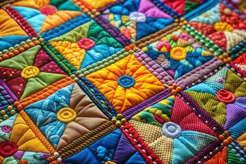 Fototapeta premium Vibrant patchwork quilt close-up with various colors and fabrics