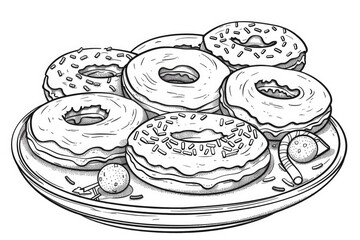 Coloring book illustration of assorted donuts with colorful glaze on a plate for a festive celebration