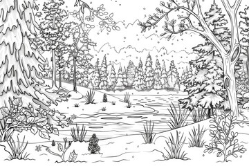 Coloring book illustration of a serene winter landscape