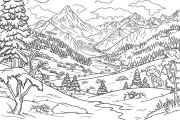 Coloring book illustration of a snowy mountain valley with winter landscapes and hiking scenes