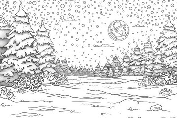 Coloring book illustration of a serene winter landscape covered in snow at night