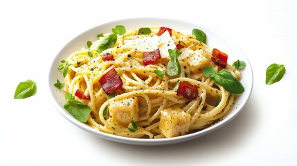 Plato de espaguetis con trozos de pimiento rojo y cubierto con queso rallado. Una deliciosa opción mediterránea con sabores frescos y picantes.