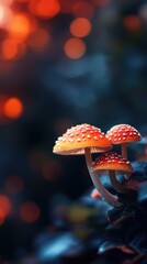 Vibrant mushrooms with orange caps in a mystical forest setting, blurred background of colorful lights.
